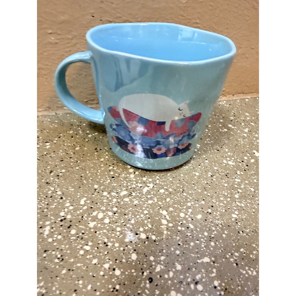 Fig & Fern Light Blue Sleeping White Cat Coffee Mug Ceramic Floral Whimsical